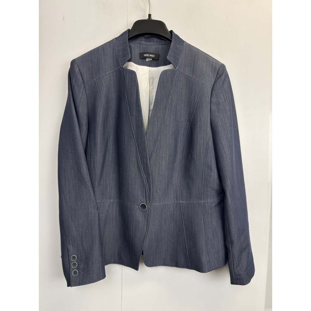 Nine West Chambray Blazer Women's Size 14 One Button Business Career Jacket Blue